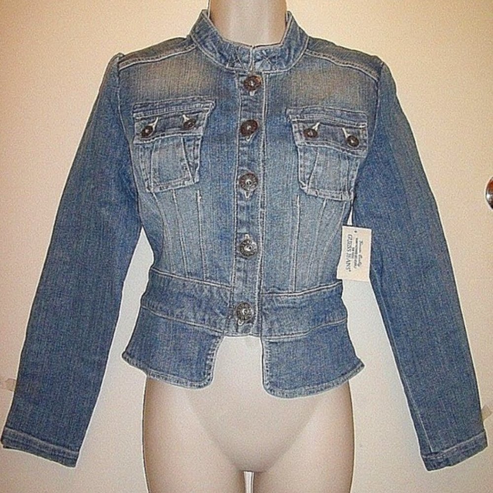 Rare Gorgeous GUESS Jeans Blue Denim Tapered Fashion Jacket